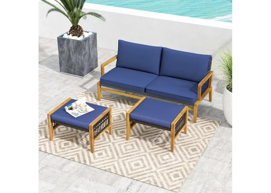 Patio Acacia Wood Ottomans with Cushions and Versatile Rattan Woven Footstools-Navy