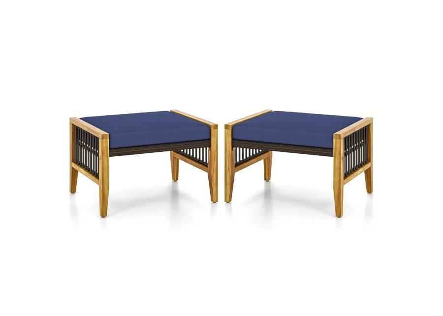 Patio Acacia Wood Ottomans with Cushions and Versatile Rattan Woven Footstools-Navy