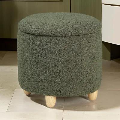 Aia 18 Inch Storage Ottoman, Green Faux Sheepskin, Round Rubberwood Feet - Benzara