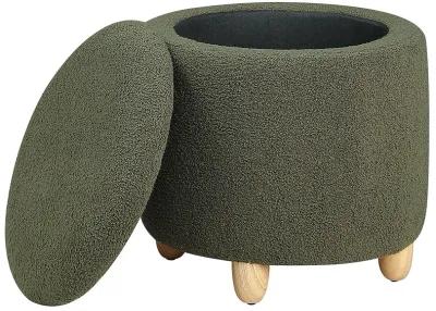 Aia 18 Inch Storage Ottoman, Green Faux Sheepskin, Round Rubberwood Feet - Benzara