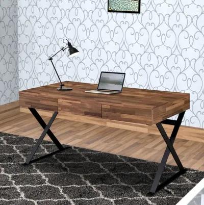 Industrial 3 Drawer Writing Desk with X Legs, Brown and Black-Benzara