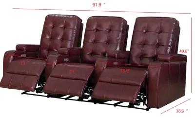 FC Design Burgundy Air Leather Cinema Home Theater Seating 3-Seat Power Sofa Recliner Chair with Cup Holders and USB Port