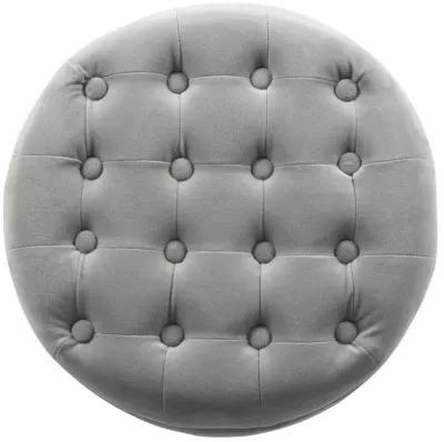 Button Tufted Velvet Upholstered Wooden Ottoman with Hidden Storage, Light Gray and Brown - Benzara