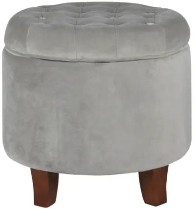 Button Tufted Velvet Upholstered Wooden Ottoman with Hidden Storage, Light Gray and Brown - Benzara