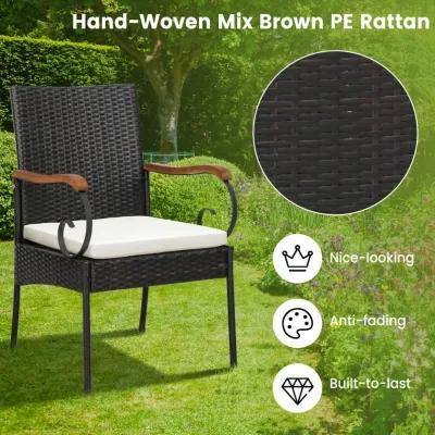 Set of 2 Outdoor PE Wicker Chair with Acacia Wood Armrests