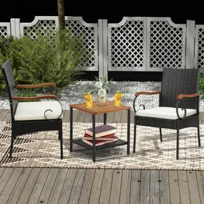 Set of 2 Outdoor PE Wicker Chair with Acacia Wood Armrests