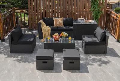 8 Pieces Patio Rattan Storage Table Furniture Set