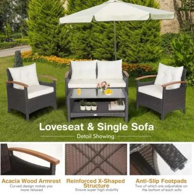 Hivvago 4 Pieces Patio Rattan Furniture Set with Cushioned Sofa and Storage Table