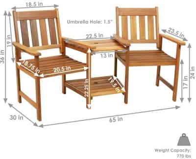 Sunnydaze Meranti Wood Patio Jack-and-Jill Chairs with Attached Table