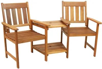 Sunnydaze Meranti Wood Patio Jack-and-Jill Chairs with Attached Table