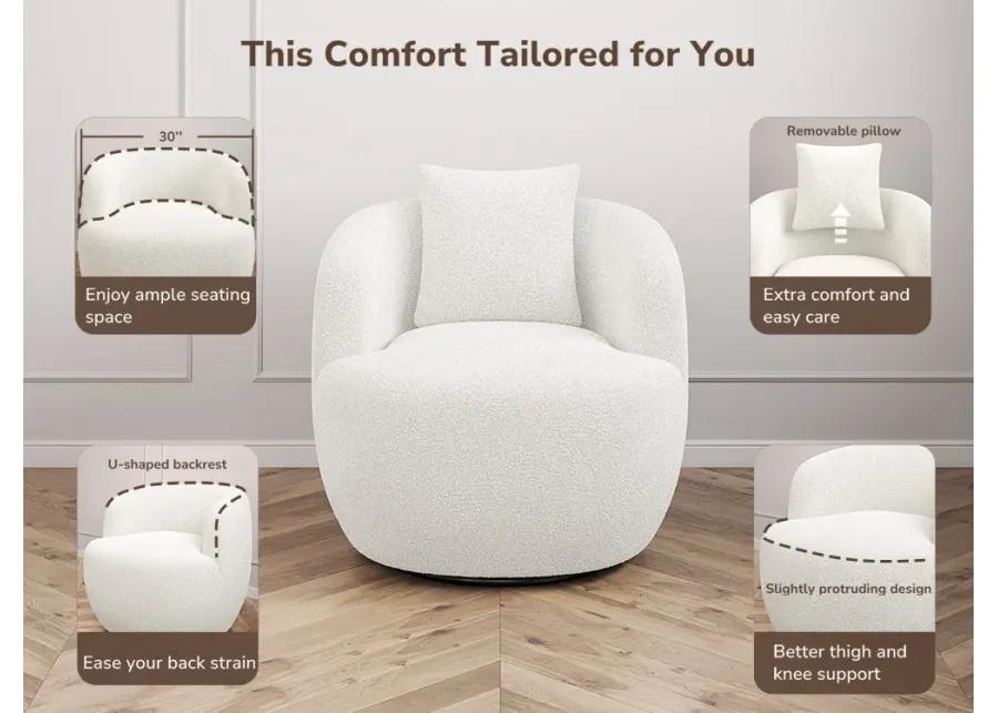 BELLEZE Wide Swivel Barrel Chair, Modern Round Boucle Swivel Armchair Curved Backrest Upholstered 360�Swivel Sofa Accent Chair with Pillow, Comfy Swivel Accent Chair for Living Room -Francisco (White)