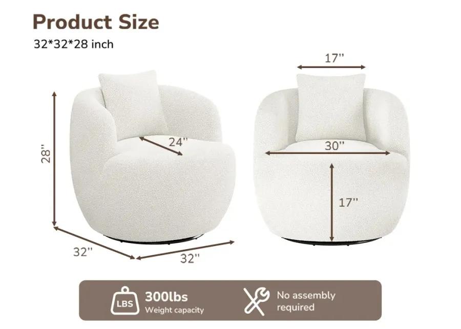 BELLEZE Wide Swivel Barrel Chair, Modern Round Boucle Swivel Armchair Curved Backrest Upholstered 360�Swivel Sofa Accent Chair with Pillow, Comfy Swivel Accent Chair for Living Room -Francisco (White)