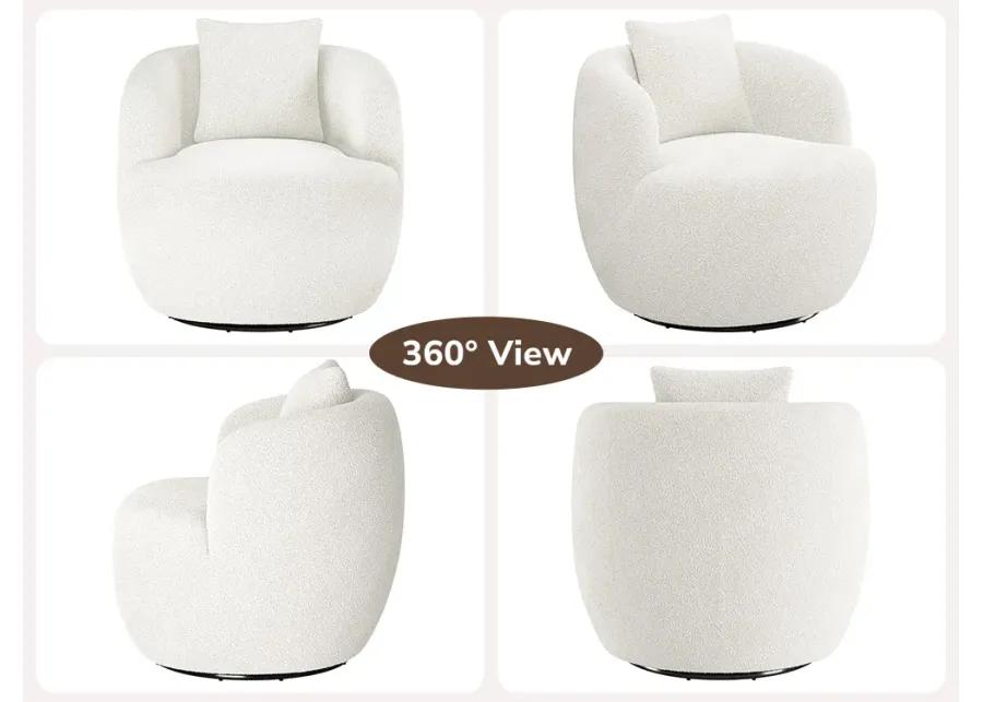 BELLEZE Wide Swivel Barrel Chair, Modern Round Boucle Swivel Armchair Curved Backrest Upholstered 360�Swivel Sofa Accent Chair with Pillow, Comfy Swivel Accent Chair for Living Room -Francisco (White)