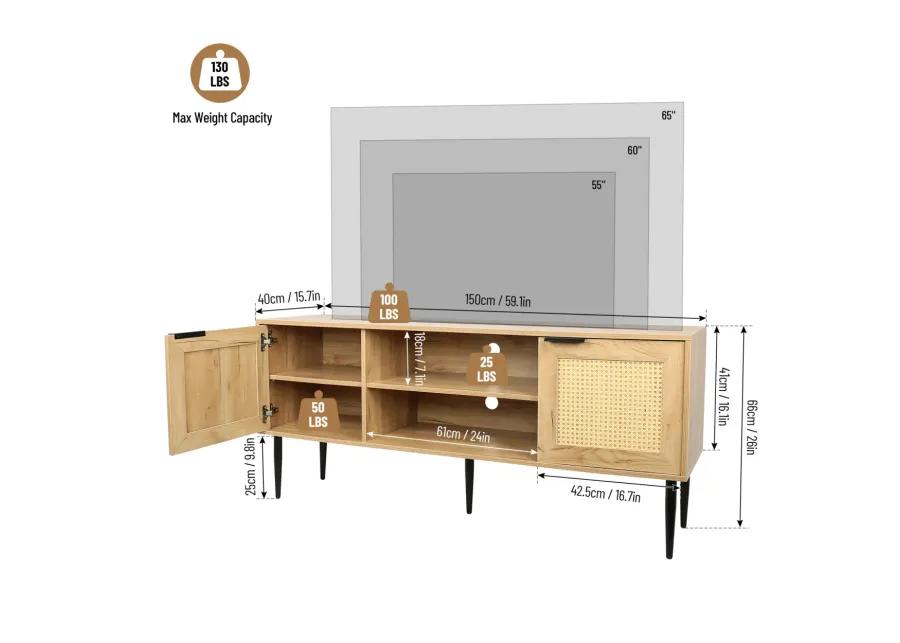 65" TV Stand with Rattan Doors and Shelves