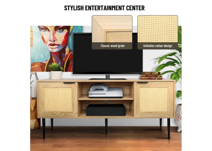 65" TV Stand with Rattan Doors and Shelves