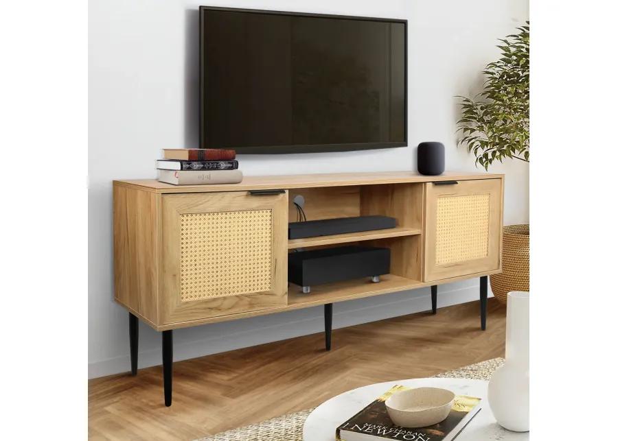 65" TV Stand with Rattan Doors and Shelves