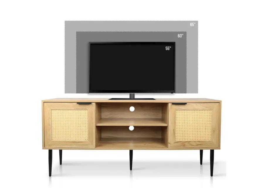 65" TV Stand with Rattan Doors and Shelves