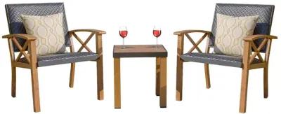 3-Piece Patio Bistro Set with Wood Grain Aluminum Wicker & Beige Sunbrella Pillows