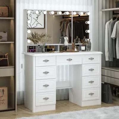 White Makeup Vanity Table Dressing Desk W/3-Mirrors,Lighted Mirror, Drawers, Hidden Storage Shelves Carved Metal Handles