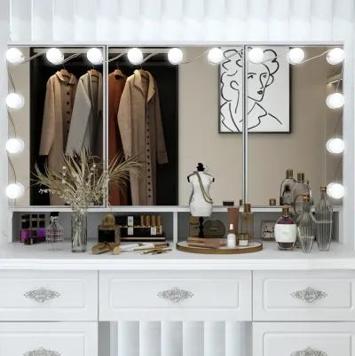 White Makeup Vanity Table Dressing Desk W/3-Mirrors,Lighted Mirror, Drawers, Hidden Storage Shelves Carved Metal Handles