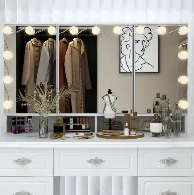 White Makeup Vanity Table Dressing Desk W/3-Mirrors,Lighted Mirror, Drawers, Hidden Storage Shelves Carved Metal Handles