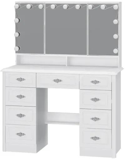 White Makeup Vanity Table Dressing Desk W/3-Mirrors,Lighted Mirror, Drawers, Hidden Storage Shelves Carved Metal Handles