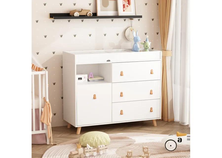 4-Drawer White Wood 44.9 in. W Kids Low Dresser Storage Organizer Cabinet With Changing Table Open Shelf