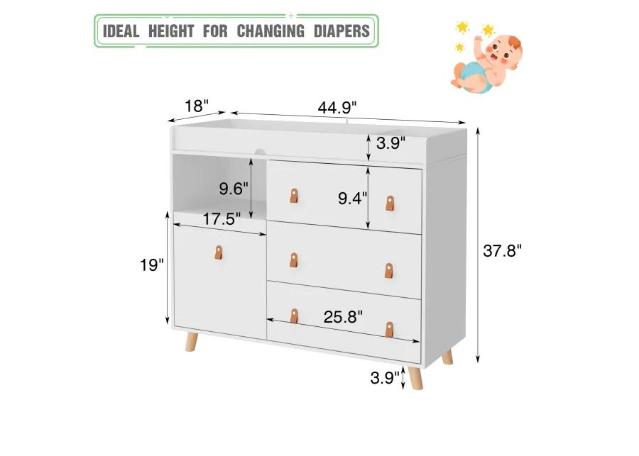 4-Drawer White Wood 44.9 in. W Kids Low Dresser Storage Organizer Cabinet With Changing Table Open Shelf