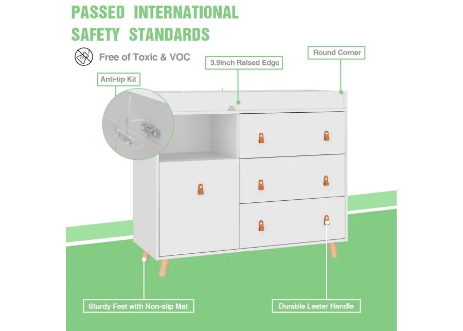 4-Drawer White Wood 44.9 in. W Kids Low Dresser Storage Organizer Cabinet With Changing Table Open Shelf