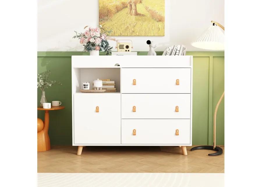 4-Drawer White Wood 44.9 in. W Kids Low Dresser Storage Organizer Cabinet With Changing Table Open Shelf