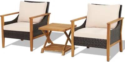 3 Pieces Patio Wicker Furniture Set with 2-Tier Side Table and Cushioned Armchairs-Natural