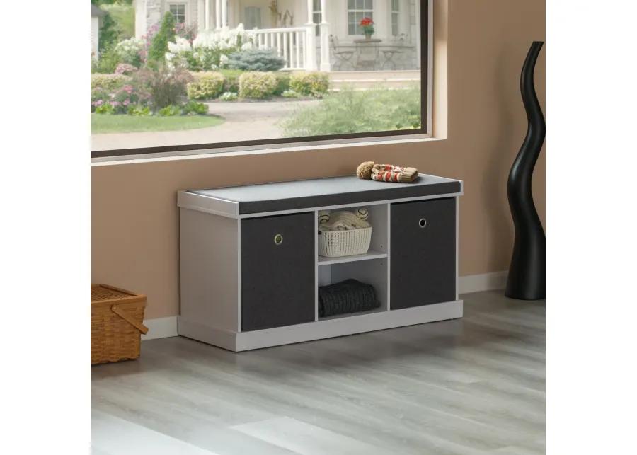 MDF Storage Box Shoe Bench with 2 Shelves, Foldable Baskets and a Gray Cushion, White