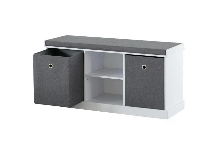 MDF Storage Box Shoe Bench with 2 Shelves, Foldable Baskets and a Gray Cushion, White