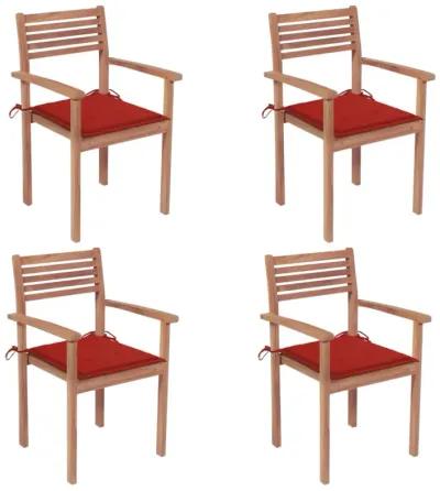 vidaXL Garden Chairs 4 pcs with Red Cushions Solid Teak Wood