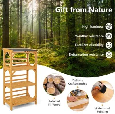 Hivvago 3-Tier Wooden Plant Stand with Weatherproof Asphalt Roof for Patio-Natural