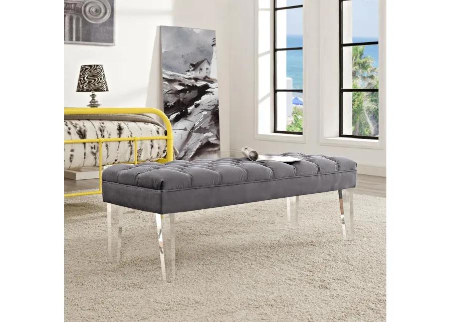 Modway Valet Tufted Button Performance Velvet Upholstered Bedroom Or Entryway Bench with Acrylic Legs in Gray