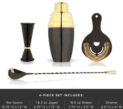 4-Piece Stainless Steel Barware Set in Black & Gold