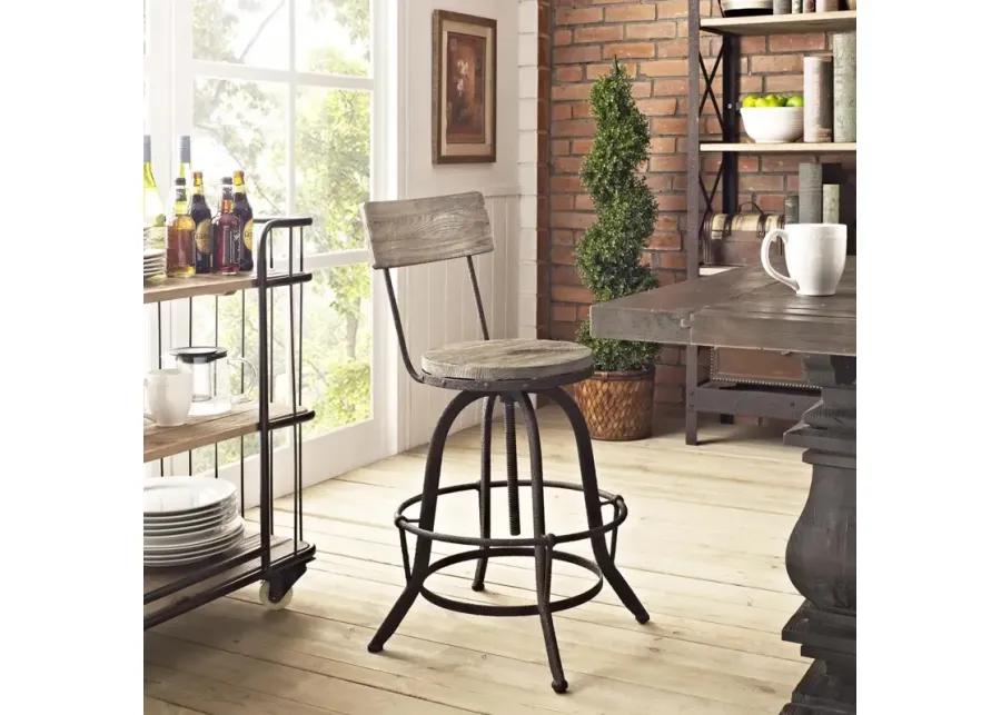 Modway Procure Industrial Modern Wood and Iron Adjustable Height Swivel Bar Stool in Brown