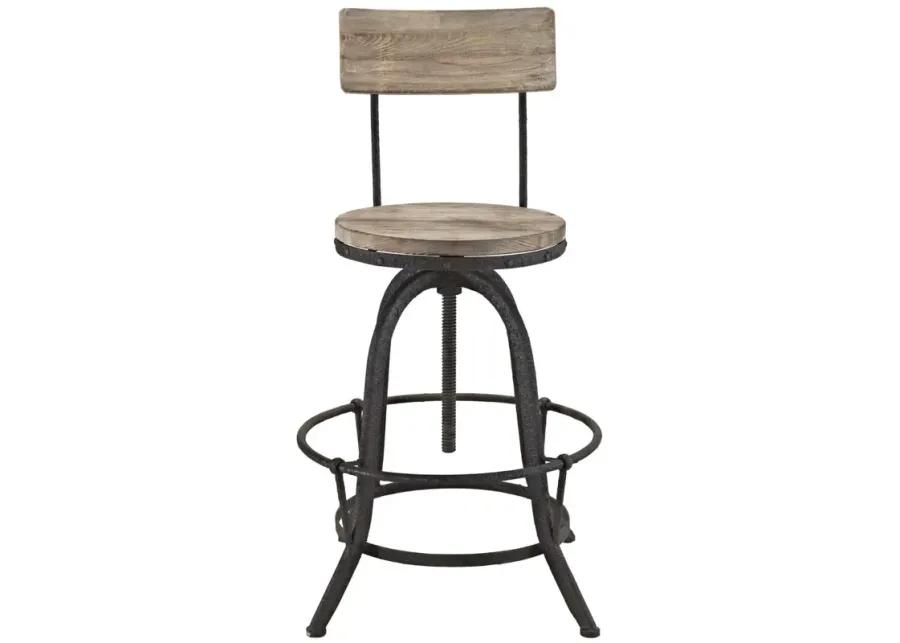 Modway Procure Industrial Modern Wood and Iron Adjustable Height Swivel Bar Stool in Brown