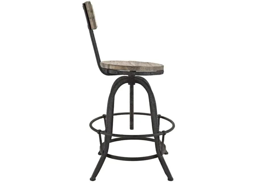 Modway Procure Industrial Modern Wood and Iron Adjustable Height Swivel Bar Stool in Brown