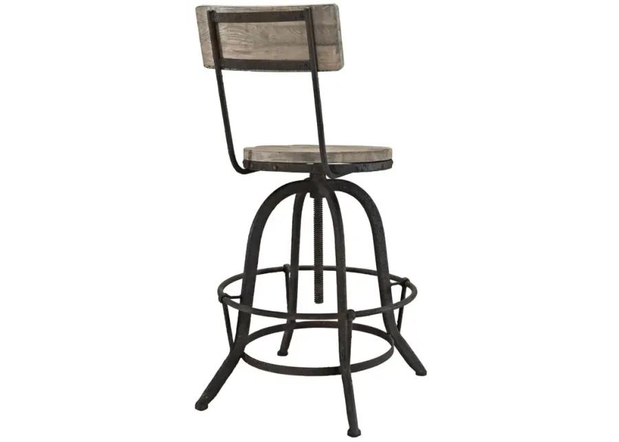 Modway Procure Industrial Modern Wood and Iron Adjustable Height Swivel Bar Stool in Brown