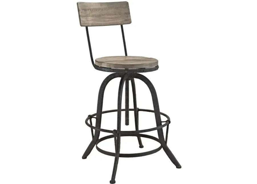 Modway Procure Industrial Modern Wood and Iron Adjustable Height Swivel Bar Stool in Brown