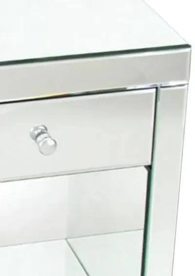 26 Inch Beveled Mirror Chest with 1 Drawer, Silver-Benzara