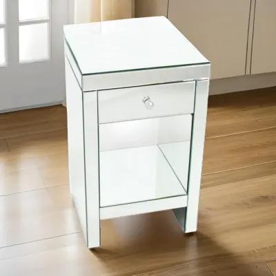 26 Inch Beveled Mirror Chest with 1 Drawer, Silver-Benzara