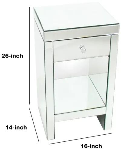 26 Inch Beveled Mirror Chest with 1 Drawer, Silver-Benzara