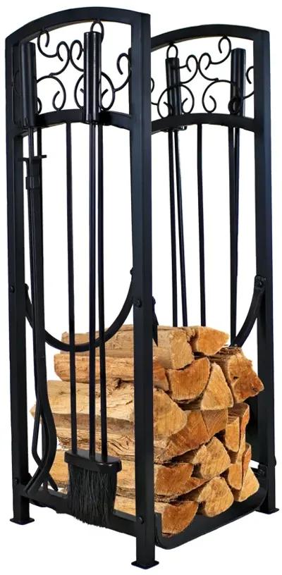 Sunnydaze Iron Filigree Firewood Log Rack with 4 Fireplace Tools