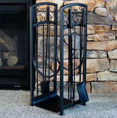 Sunnydaze Iron Filigree Firewood Log Rack with 4 Fireplace Tools