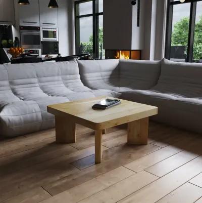 Cascade 32 Inch Coffee Table, Handcrafted Natural Acacia Wood, Square Top with Diagonal Wide Panel Legs