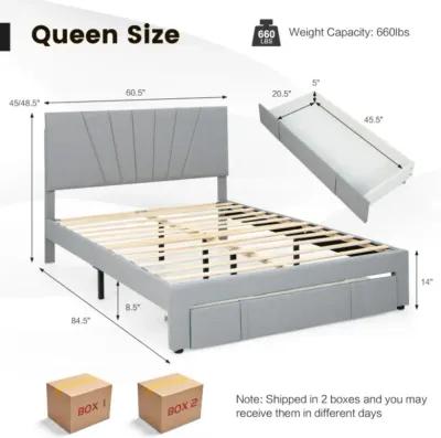 Full/Queen Size Upholstered Bed Frame with Drawer and Adjustable Headboard