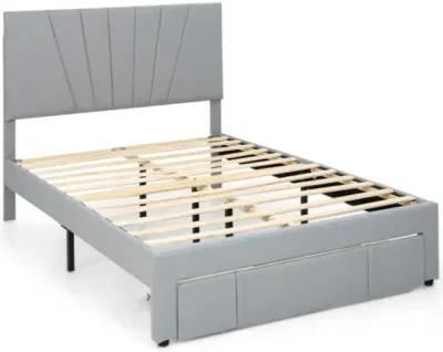 Full/Queen Size Upholstered Bed Frame with Drawer and Adjustable Headboard